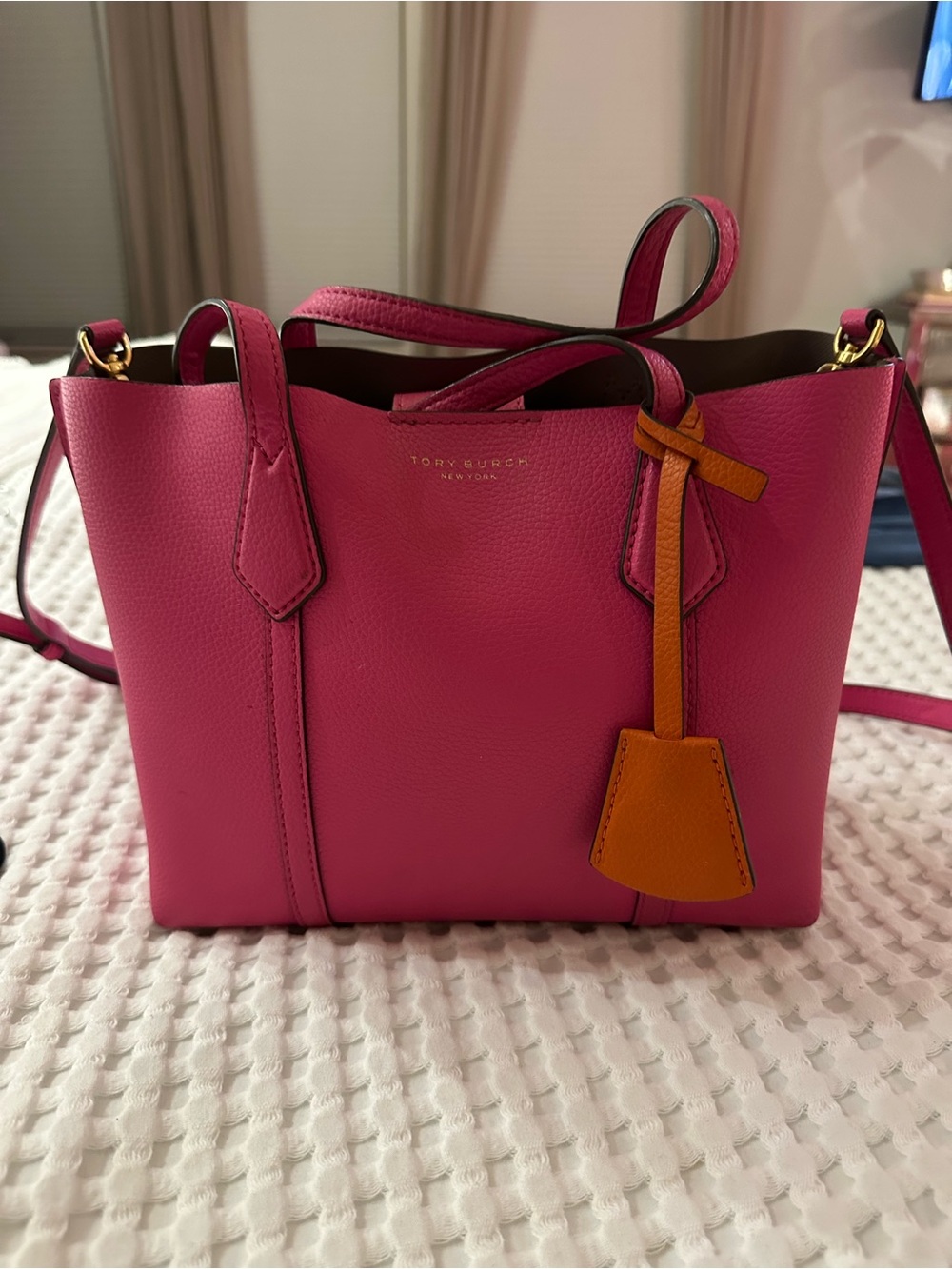 Tory Burch Hot Pink Leather Tote with Orange Tag authentic used three times